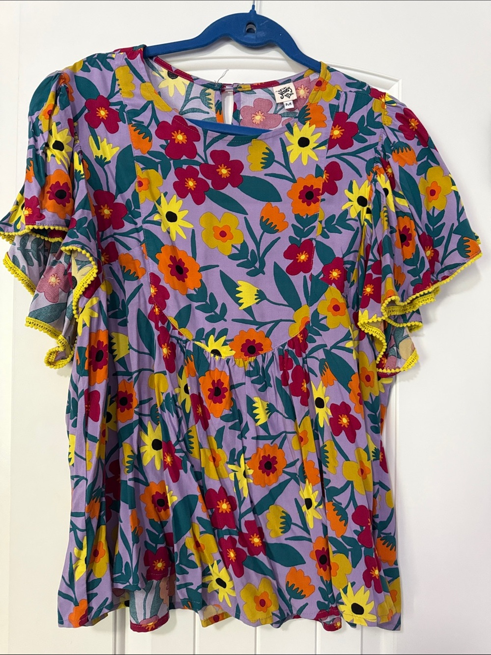 ivy jane Lavender Floral Flutter Sleeve Top with Yellow Trim